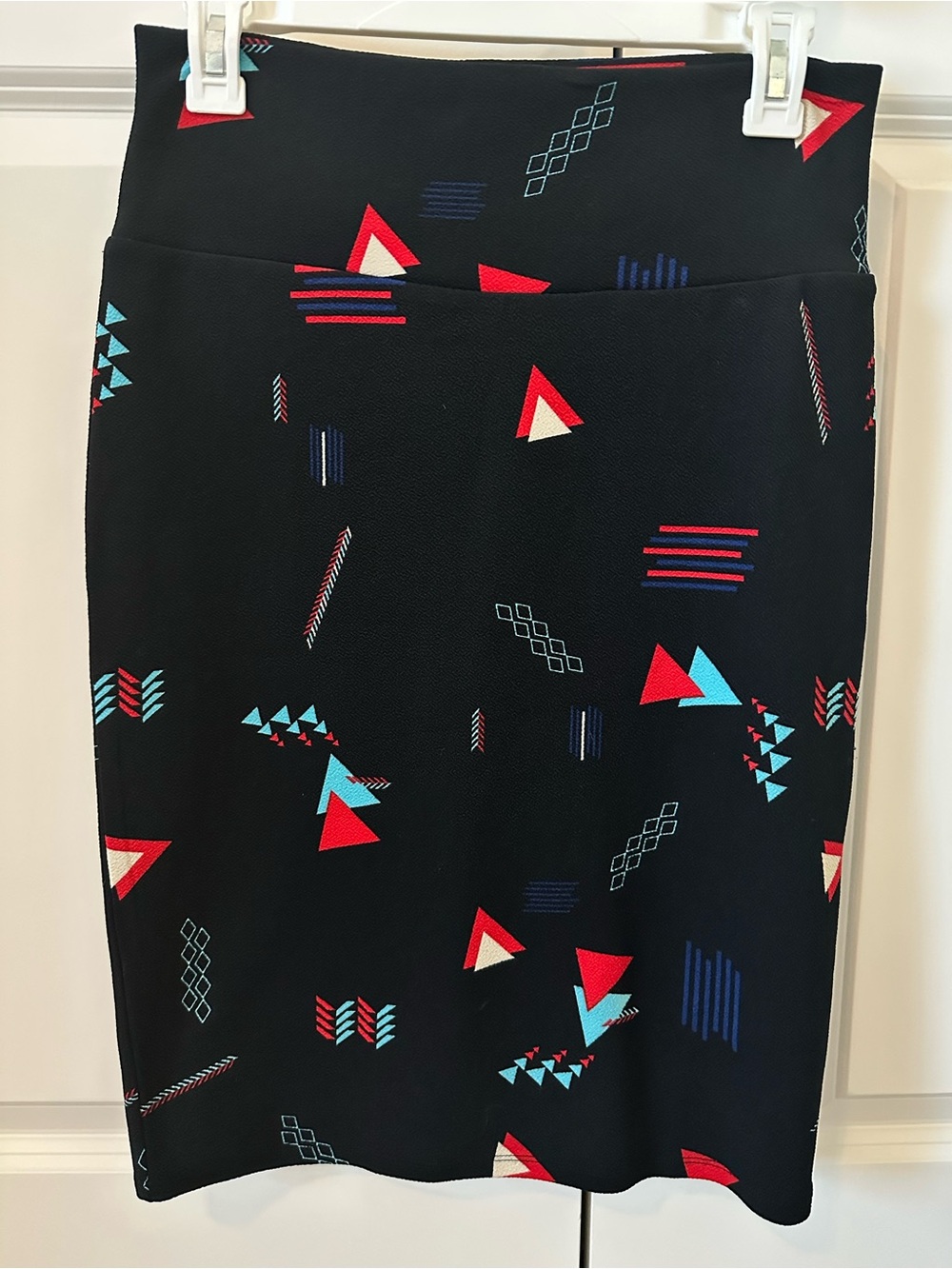 LuLaRoe Cassie Pencil Skirt, Black with Red & Aqua Geometric Print